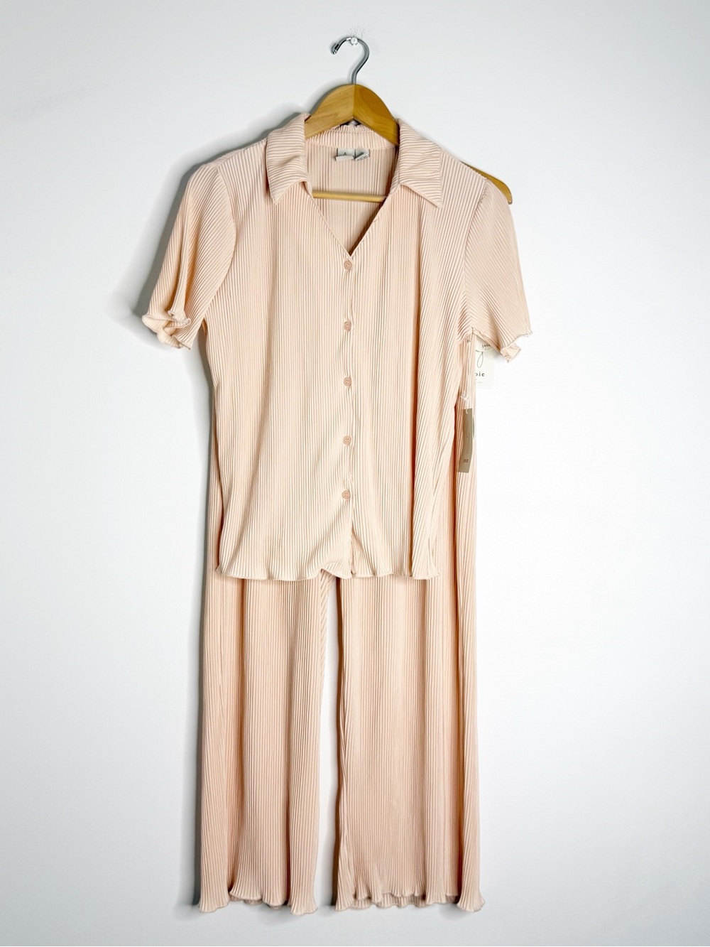 Joie Sleep Pleated Pajama Set Pink Button Up Wide Leg Pants Size S NWT